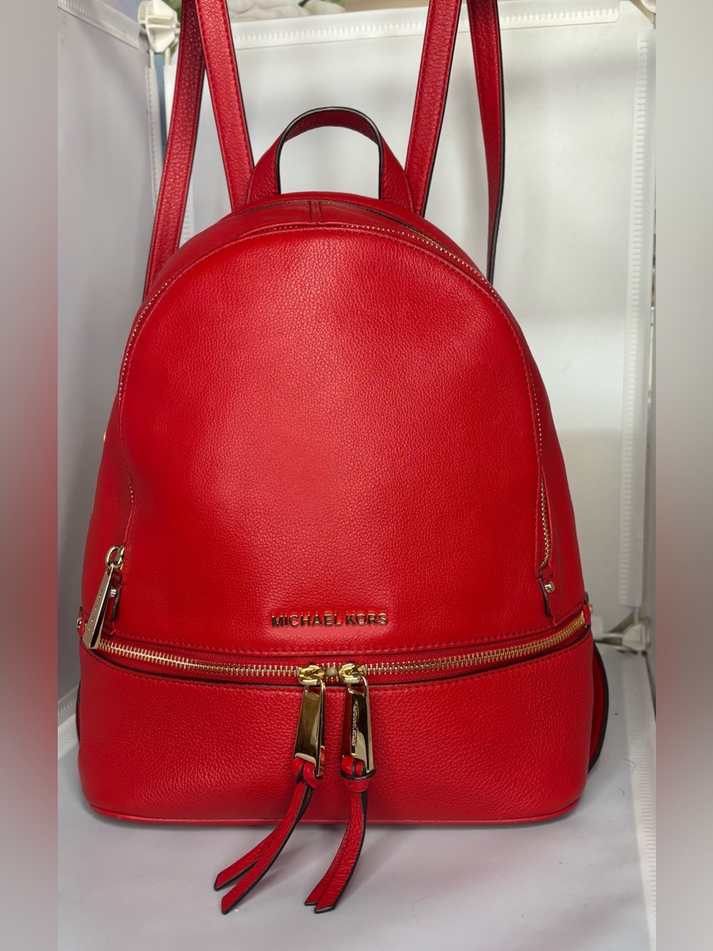 Michael Kors Rhea Red Pebbled Leather Backpack with Gold Hardware